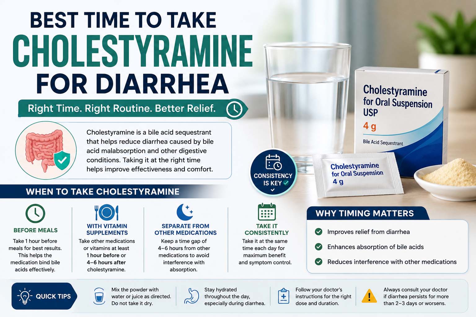 best time to take cholestyramine for diarrhea